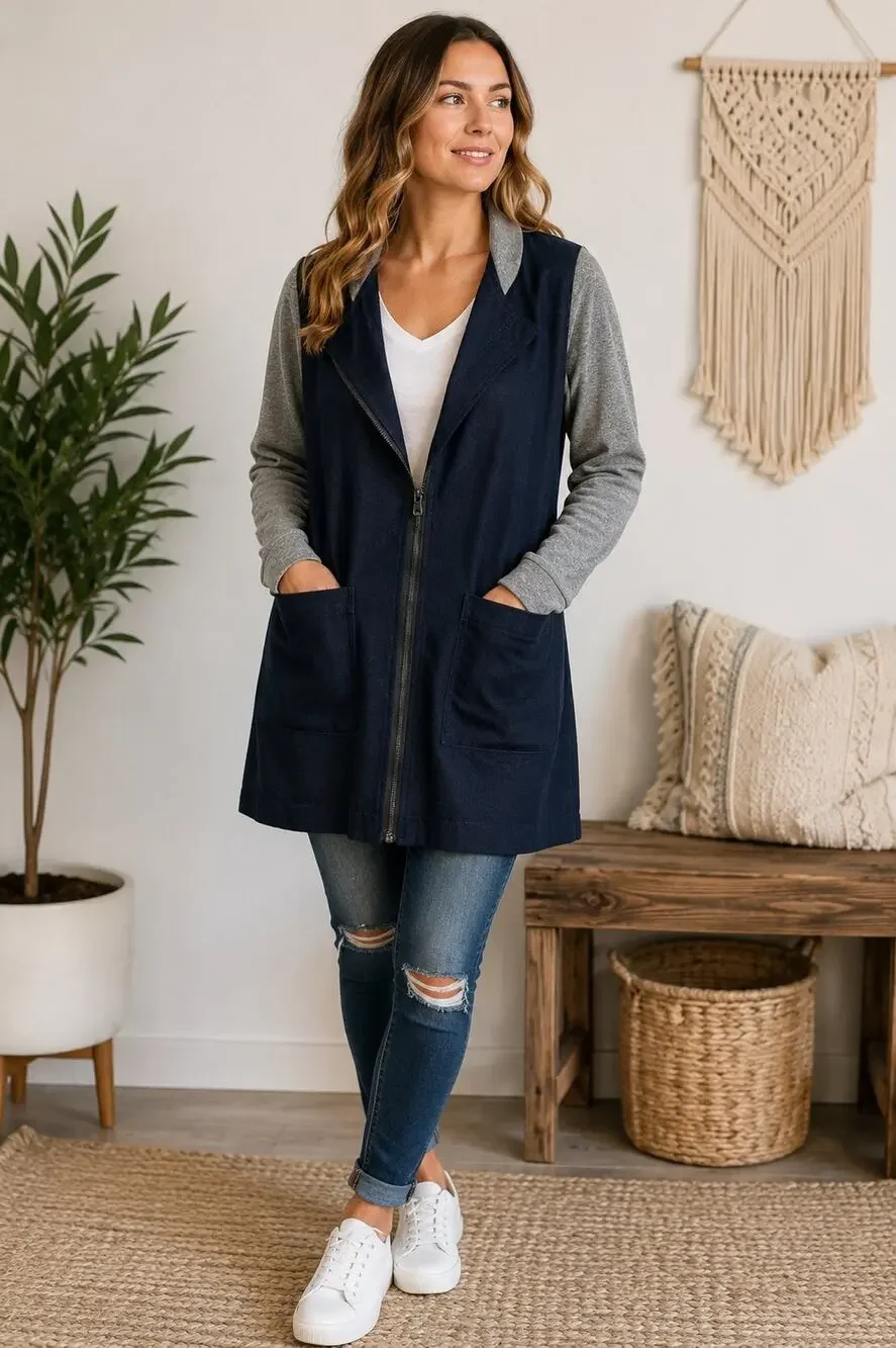 Jet John Eshaya Navy Colorblock Lightweight Zip Front Jacket Casual Fall Cotton